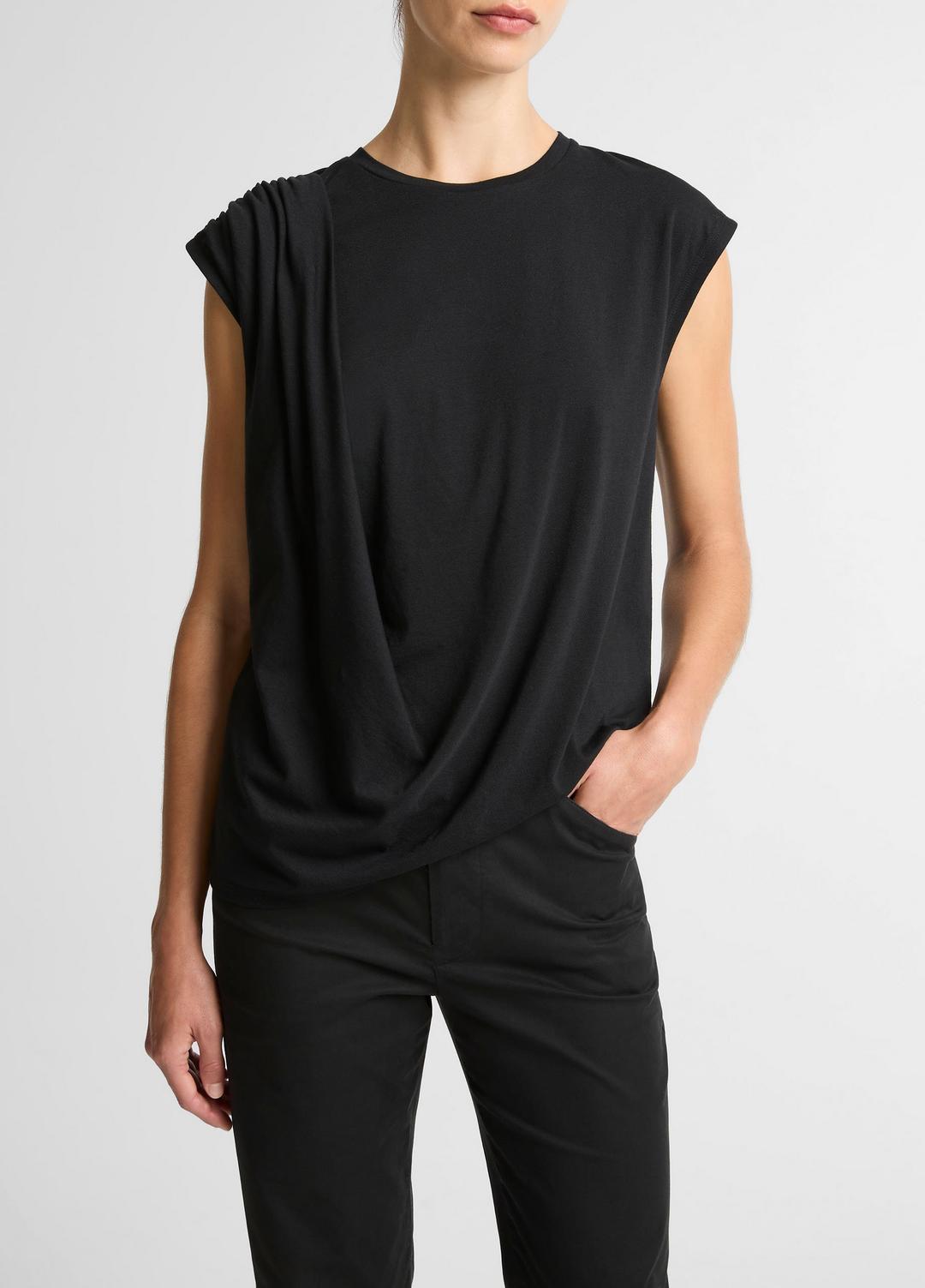 Pima Cotton-Blend Draped Relaxed Top in Tank Tops - BLACK | VINCE Women