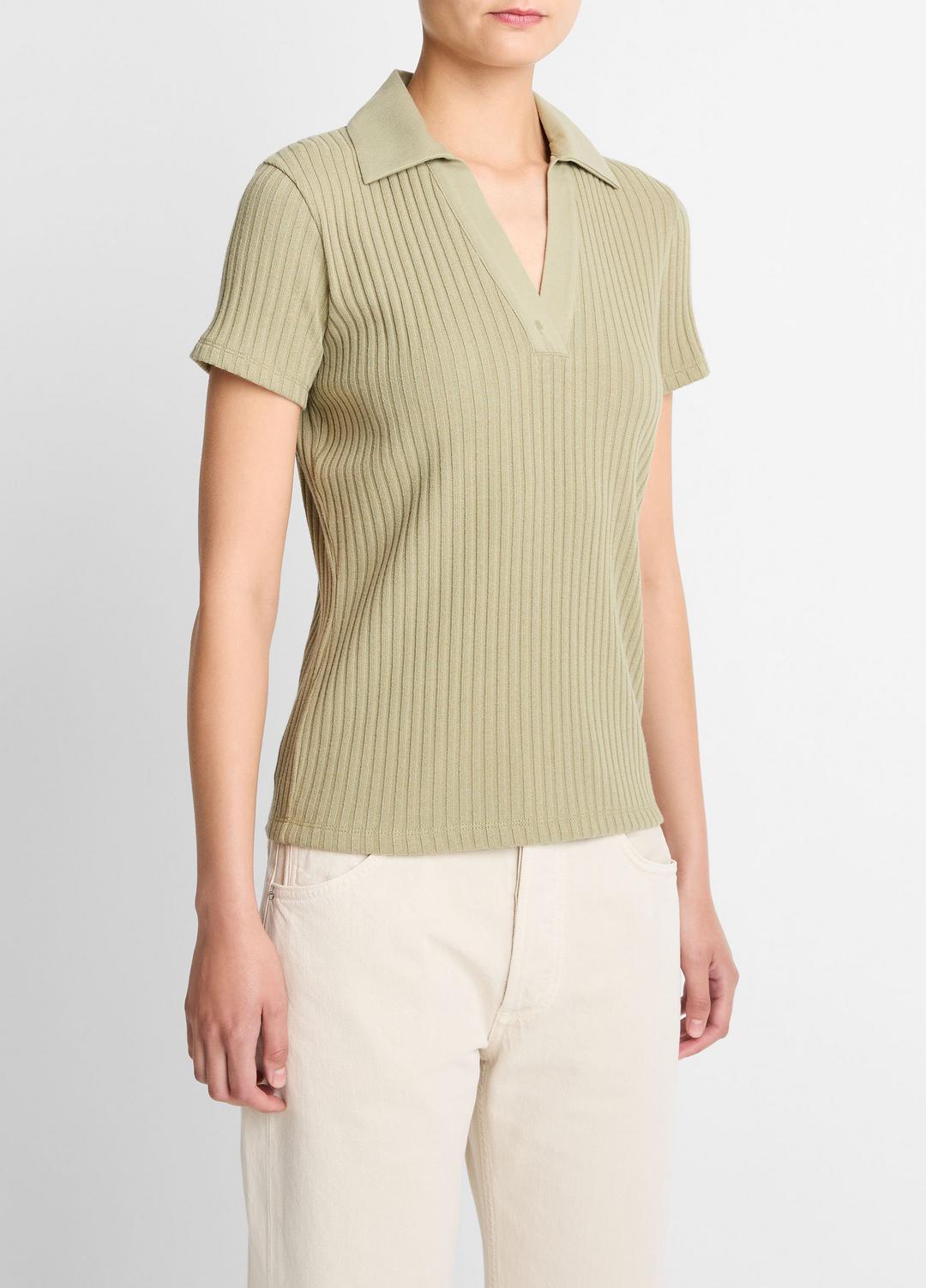 Ribbed Cotton-Blend Polo Shirt in Short Sleeve - OLIVE STONE | VINCE Women