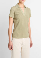 Ribbed Cotton-Blend Polo Shirt in Short Sleeve - OLIVE STONE | VINCE Women