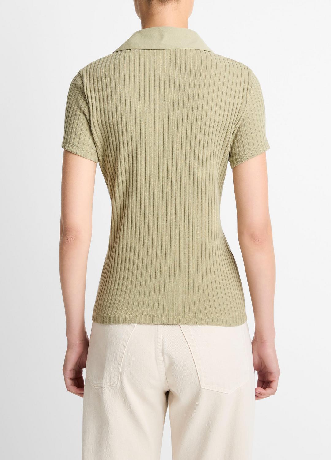 Ribbed Cotton-Blend Polo Shirt in Short Sleeve - OLIVE STONE | VINCE Women
