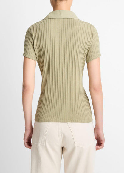 Ribbed Cotton-Blend Polo Shirt in Short Sleeve - OLIVE STONE | VINCE Women