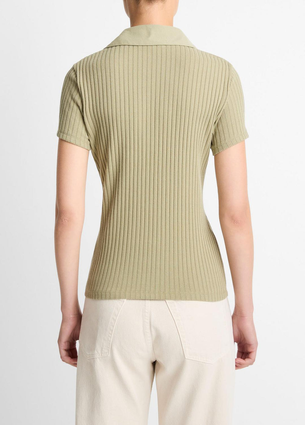 Ribbed Cotton-Blend Polo Shirt in Short Sleeve - OLIVE STONE | VINCE Women
