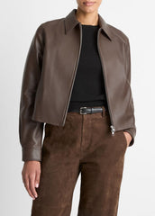 Leather Cropped Zip-Front Jacket in Leather Jackets - CHOCOLATE | VINCE Women