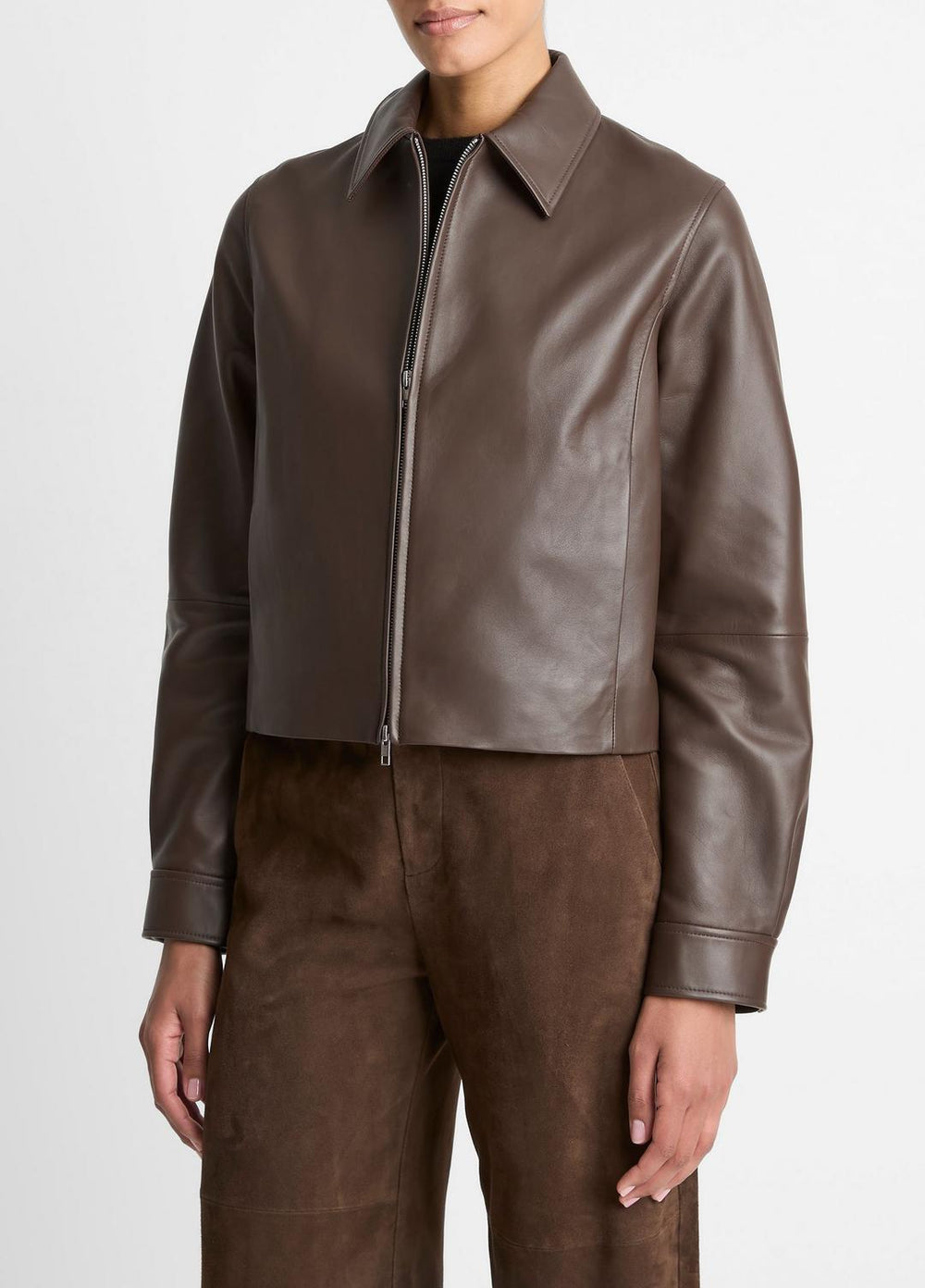 Leather Cropped Zip-Front Jacket in Leather Jackets - CHOCOLATE | VINCE Women