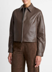 Leather Cropped Zip-Front Jacket in Leather Jackets - CHOCOLATE | VINCE Women