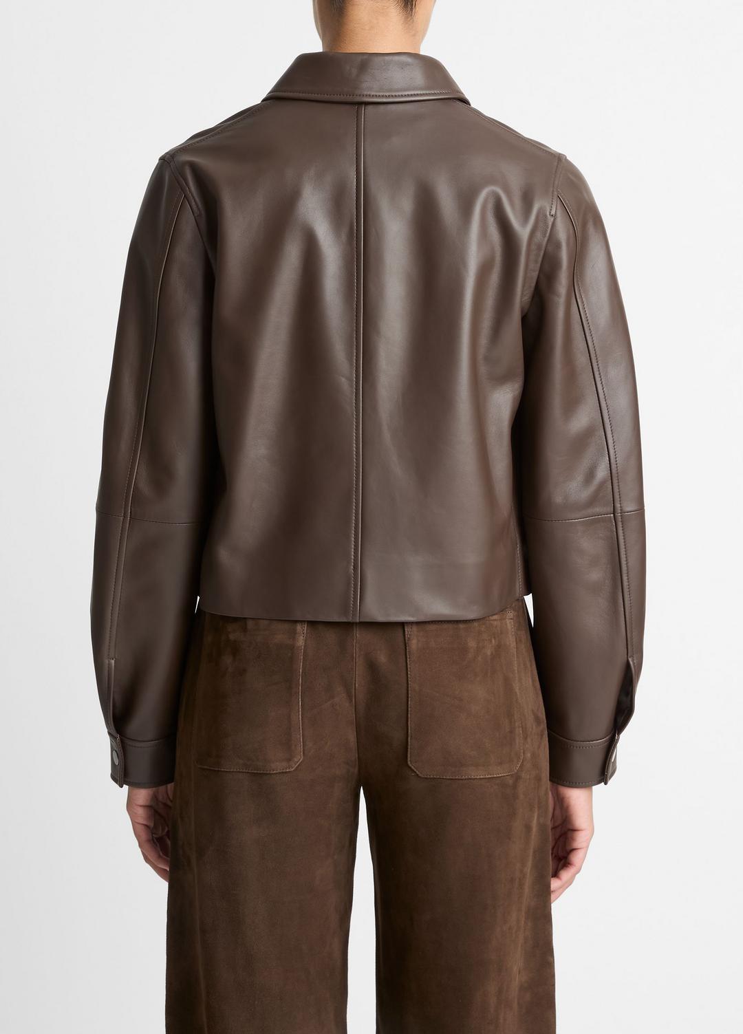Leather Cropped Zip-Front Jacket in Leather Jackets - CHOCOLATE | VINCE Women