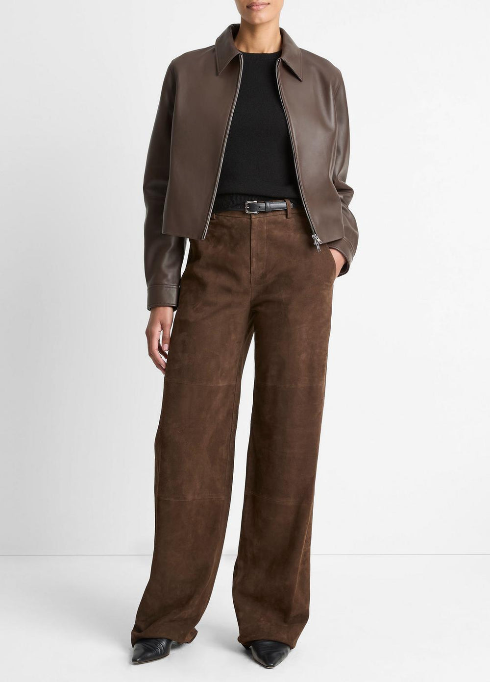 Leather Cropped Zip-Front Jacket in Leather Jackets - CHOCOLATE | VINCE Women