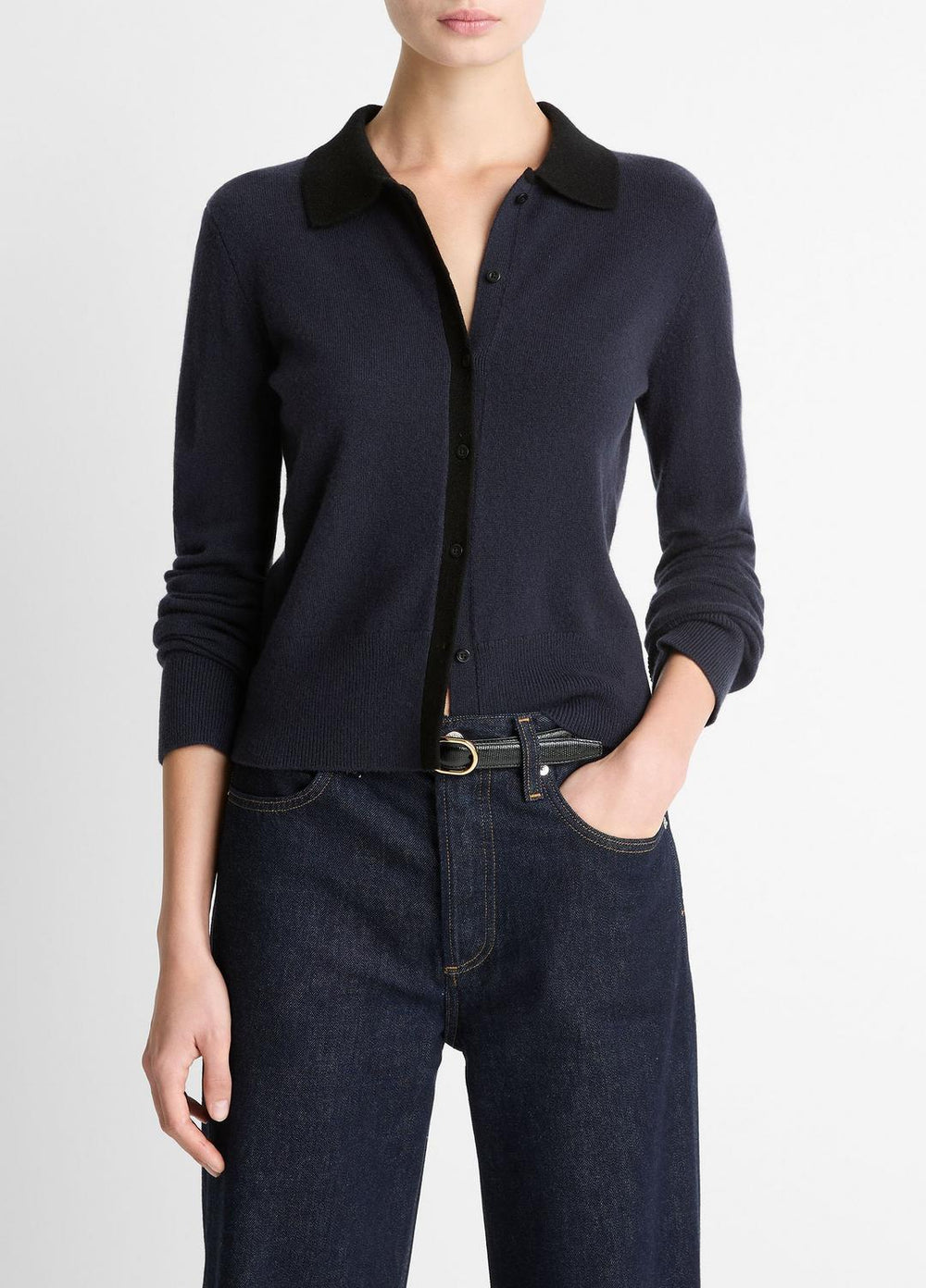 Contrast-Trim Wool & Cashmere-Blend Collared Cardigan in Cardigans - NIGHT MARINE/BLACK | VINCE Women