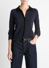 Contrast-Trim Wool & Cashmere-Blend Collared Cardigan in Cardigans - NIGHT MARINE/BLACK | VINCE Women