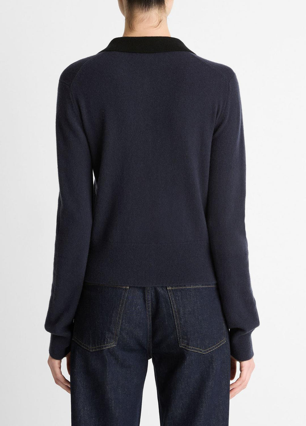 Contrast-Trim Wool & Cashmere-Blend Collared Cardigan in Cardigans - NIGHT MARINE/BLACK | VINCE Women