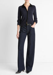 Contrast-Trim Wool & Cashmere-Blend Collared Cardigan in Cardigans - NIGHT MARINE/BLACK | VINCE Women