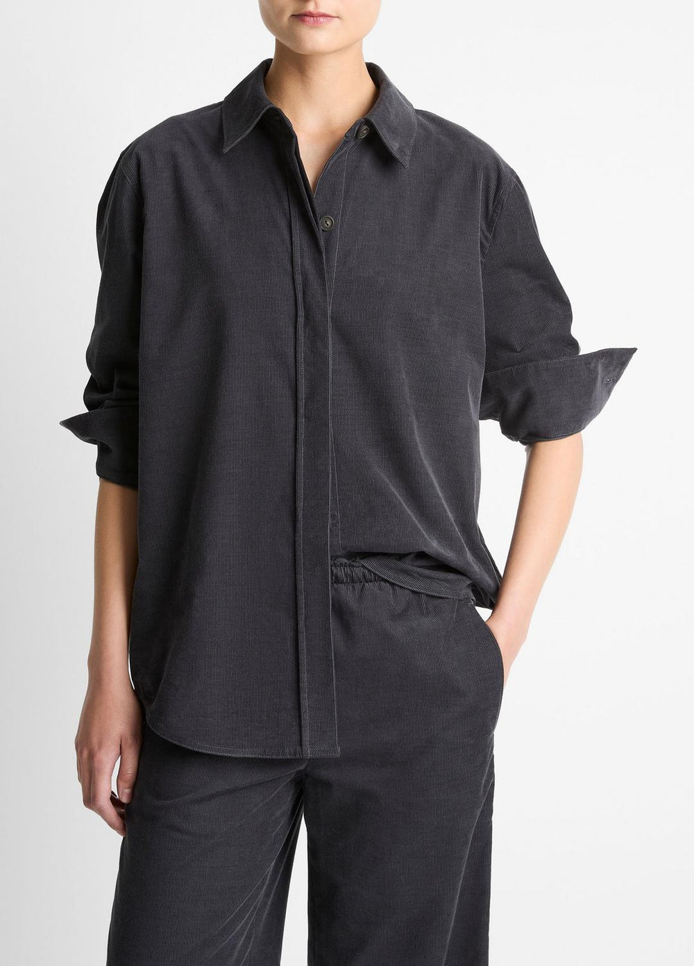 Cotton Corduroy Oversized Shirt in Long Sleeve - GRAPHITE | VINCE Women