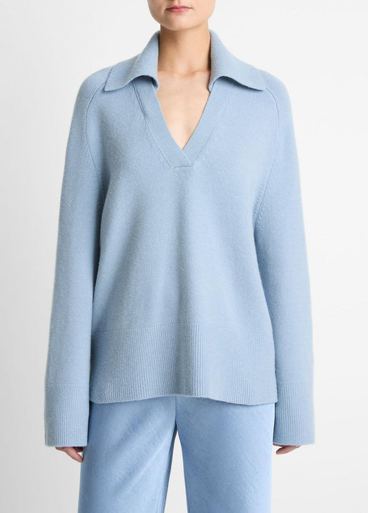 Wool & Cashmere-Blend Oversized Polo Sweater in V-Neck - PACIFIC | VINCE Women