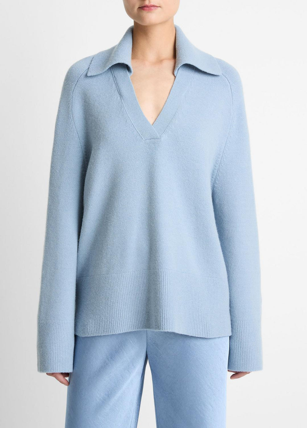 Wool & Cashmere-Blend Oversized Polo Sweater in V-Neck - PACIFIC | VINCE Women