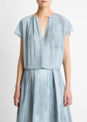 Washed Ombré Silk Gathered Cap-Sleeve Blouse in Short Sleeve - AZURA WASH | VINCE Women