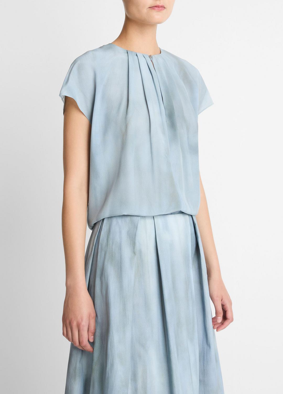 Washed Ombré Silk Gathered Cap-Sleeve Blouse in Short Sleeve - AZURA WASH | VINCE Women