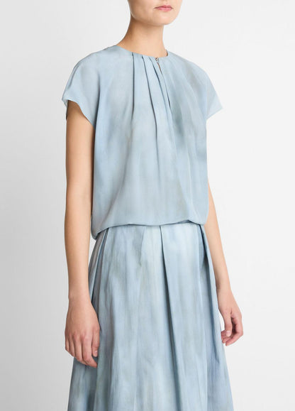 Washed Ombré Silk Gathered Cap-Sleeve Blouse in Short Sleeve - AZURA WASH | VINCE Women