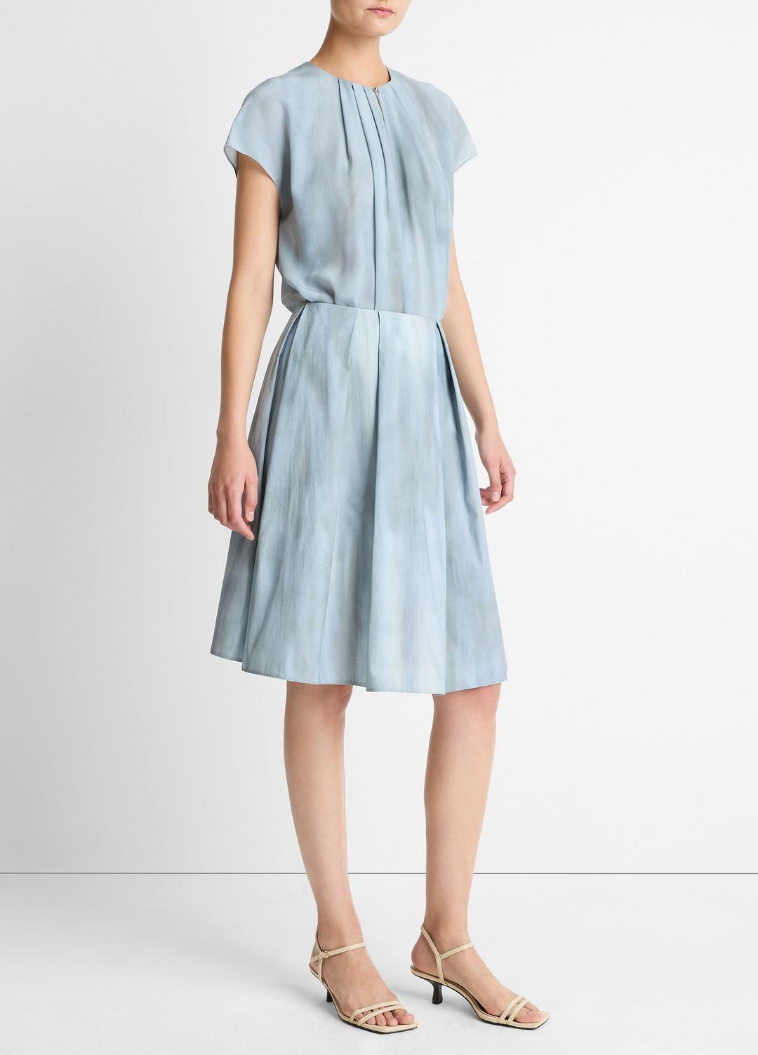 Washed Ombré Cotton Pleated Knee Skirt in Skirts - AZURA WASH | VINCE Women