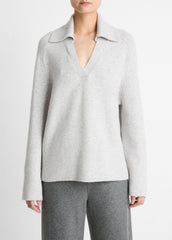 Wool & Cashmere-Blend Oversized Polo Sweater in V-Neck - HEATHER PALE GREY | VINCE Women