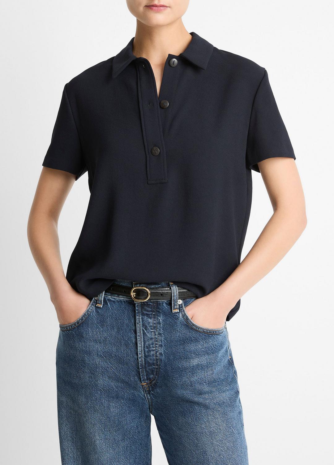 Crepe Polo Shirt in Short Sleeve - COASTAL BLUE | VINCE Women