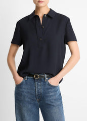 Crepe Polo Shirt in Short Sleeve - COASTAL BLUE | VINCE Women