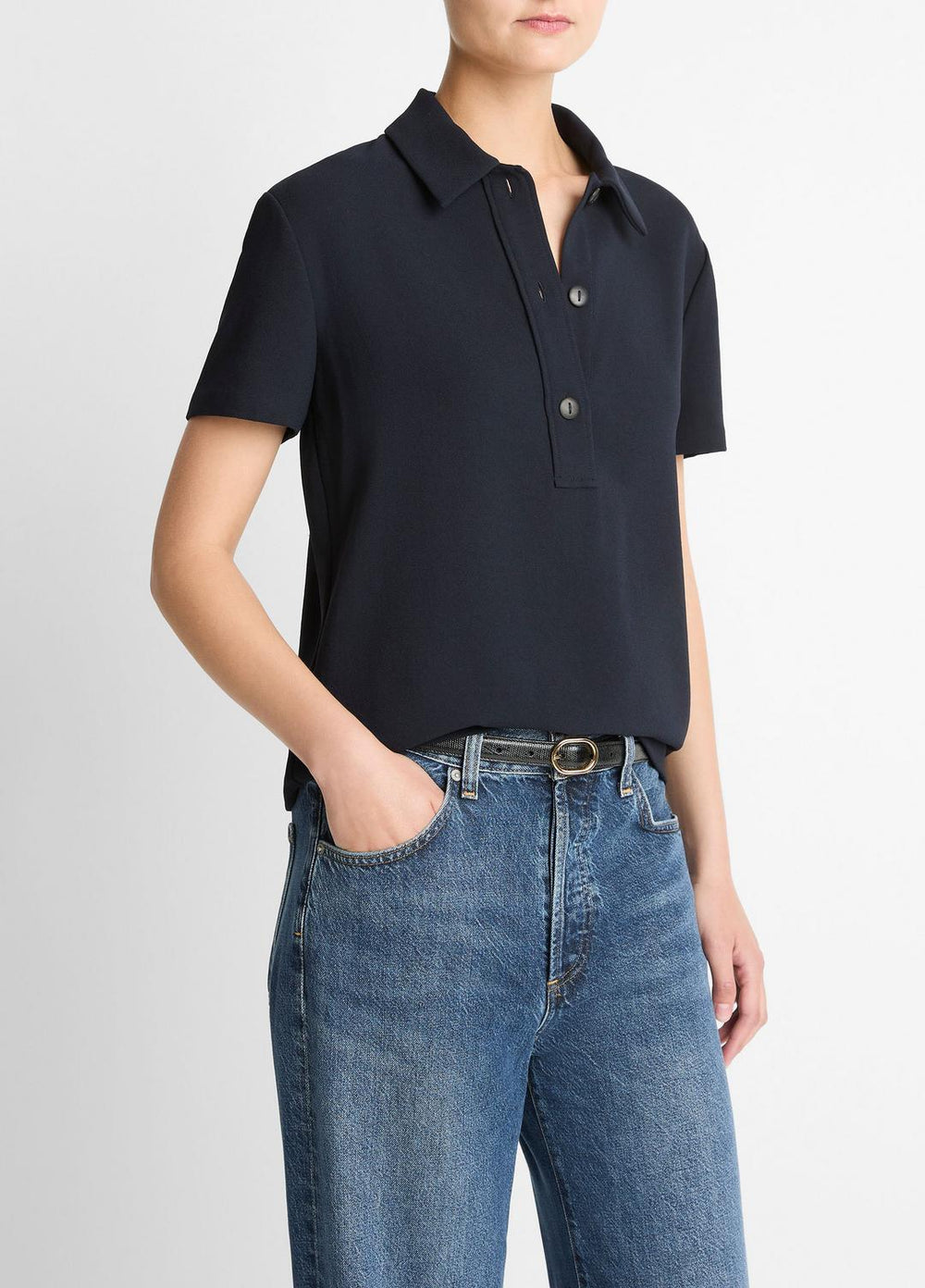 Crepe Polo Shirt in Short Sleeve - COASTAL BLUE | VINCE Women