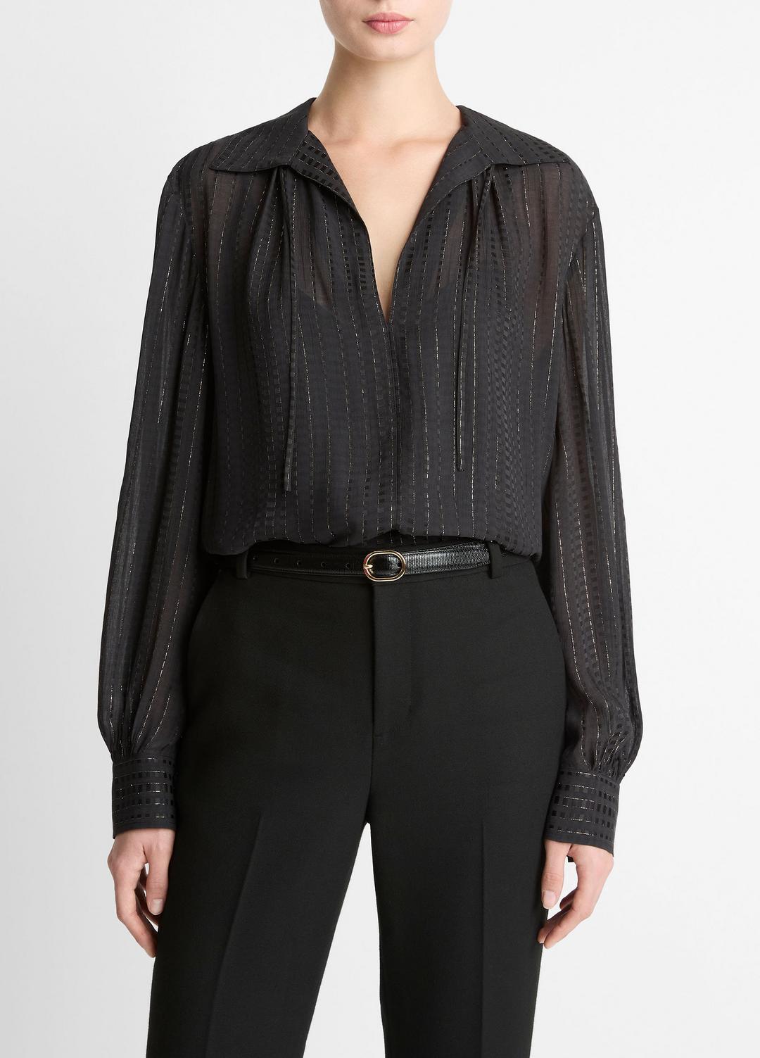 Metallic-Stripe Gathered Blouse in Long Sleeve - BLACK | VINCE Women