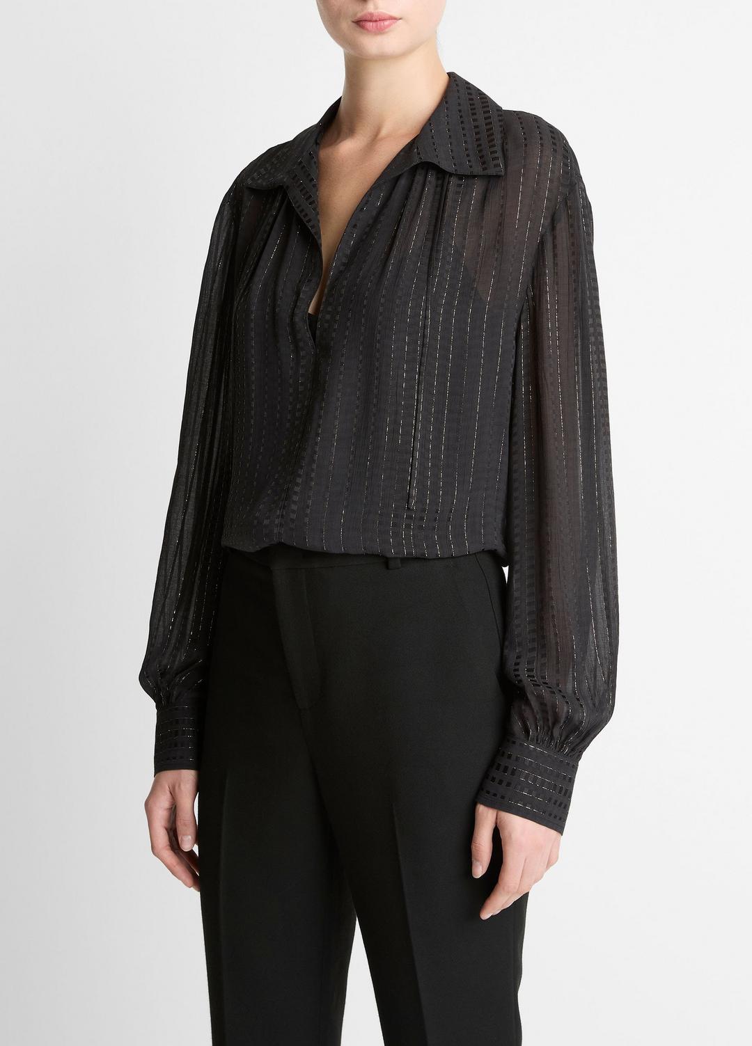 Metallic-Stripe Gathered Blouse in Long Sleeve - BLACK | VINCE Women