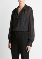 Metallic-Stripe Gathered Blouse in Long Sleeve - BLACK | VINCE Women