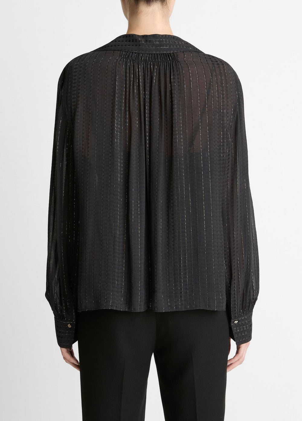 Metallic-Stripe Gathered Blouse in Long Sleeve - BLACK | VINCE Women
