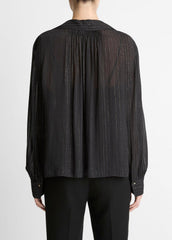 Metallic-Stripe Gathered Blouse in Long Sleeve - BLACK | VINCE Women