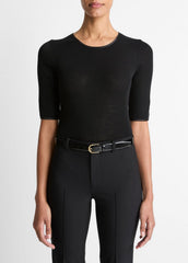 Satin-Trim Wool Elbow-Sleeve T-Shirt in Short Sleeve - BLACK | VINCE Women