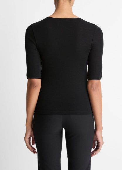 Satin-Trim Wool Elbow-Sleeve T-Shirt in Short Sleeve - BLACK | VINCE Women