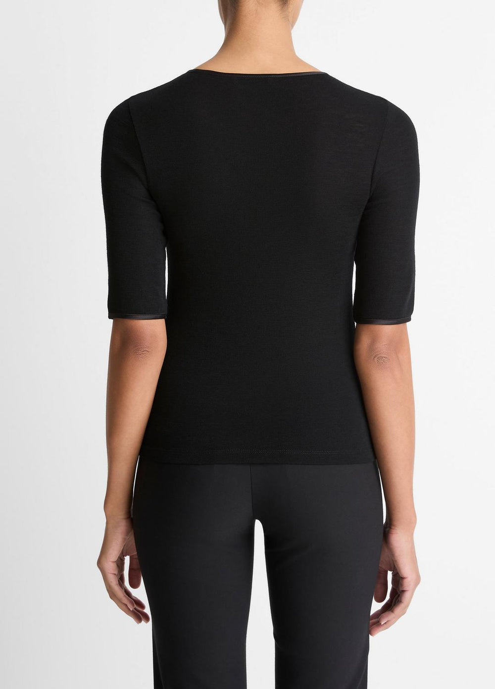 Satin-Trim Wool Elbow-Sleeve T-Shirt in Short Sleeve - BLACK | VINCE Women