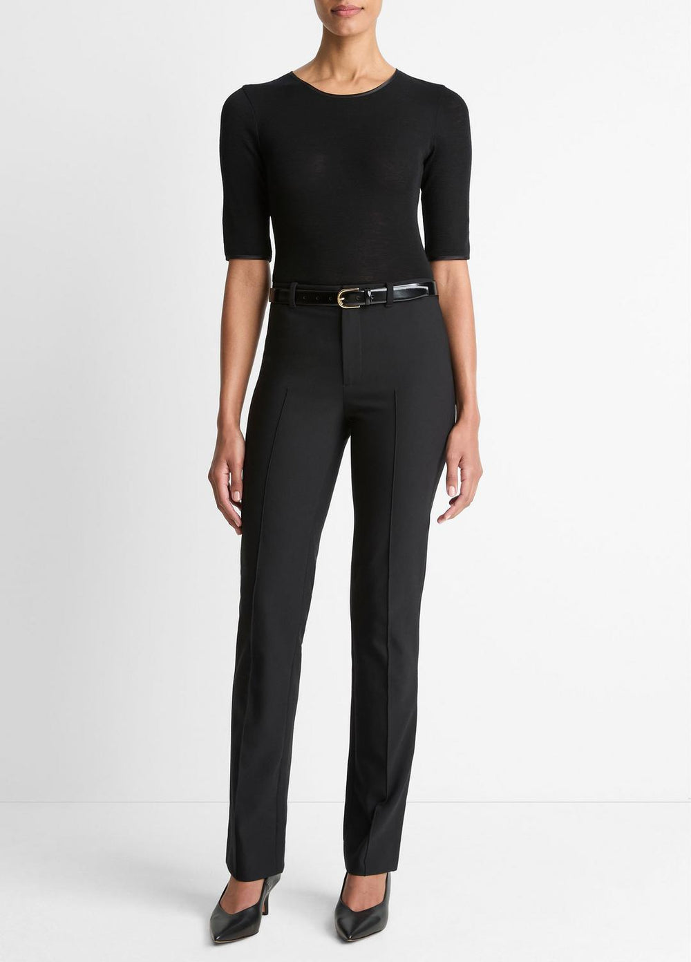 Satin-Trim Wool Elbow-Sleeve T-Shirt in Short Sleeve - BLACK | VINCE Women