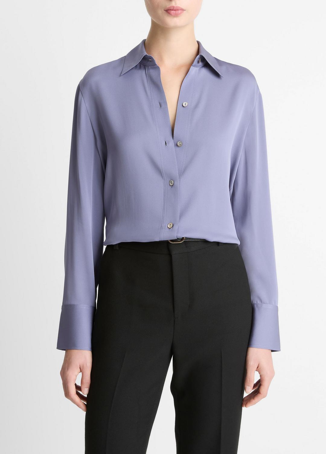Stretch-Silk Button-Front Blouse in Long Sleeve - MAUVE IRIS | VINCE Women