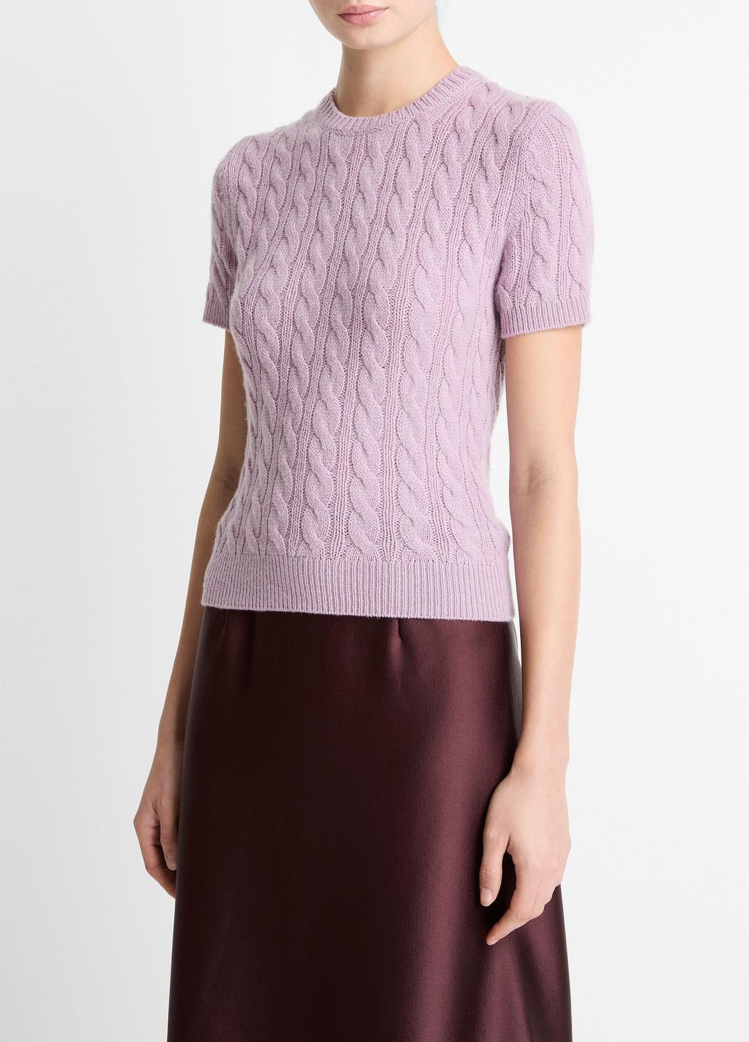 Cable-Knit Wool & Cashmere-Blend Short-Sleeve Sweater in Crew Neck - AMETHYST | VINCE Women