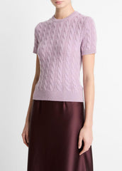 Cable-Knit Wool & Cashmere-Blend Short-Sleeve Sweater in Crew Neck - AMETHYST | VINCE Women