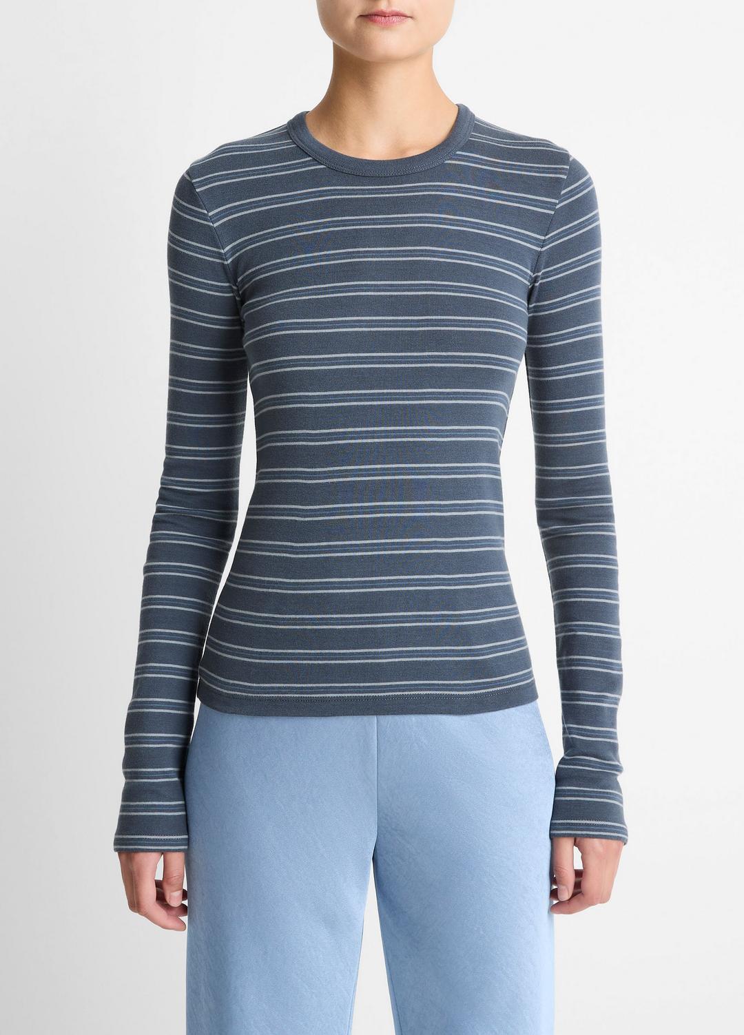 Striped Pima Cotton-Blend Long-Sleeve T-Shirt in Long Sleeve - AZURA COMBO | VINCE Women