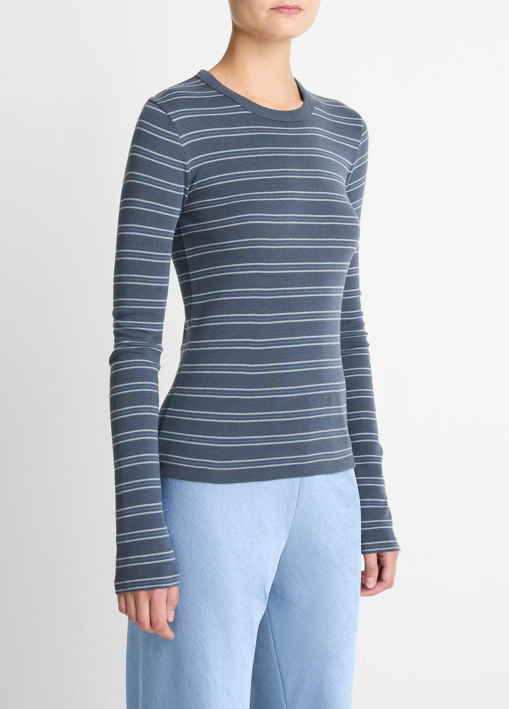Striped Pima Cotton-Blend Long-Sleeve T-Shirt in Long Sleeve - AZURA COMBO | VINCE Women