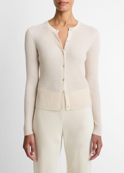 Ribbed Cashmere-Silk Cardigan in Cardigans - WHITE SAND | VINCE Women