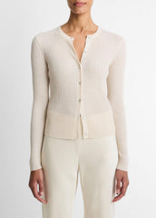 Ribbed Cashmere-Silk Cardigan in Cardigans - WHITE SAND | VINCE Women