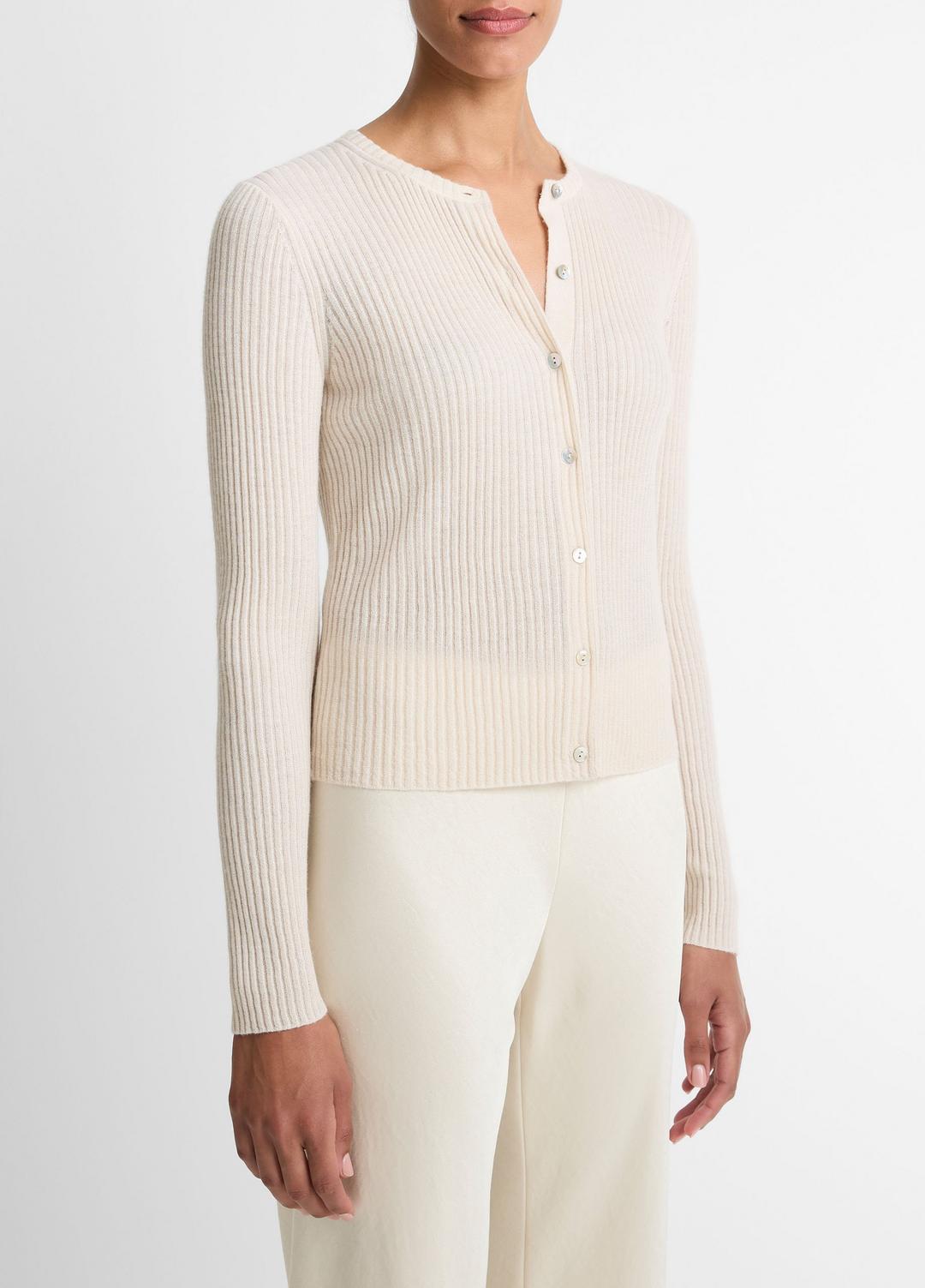 Ribbed Cashmere-Silk Cardigan in Cardigans - WHITE SAND | VINCE Women