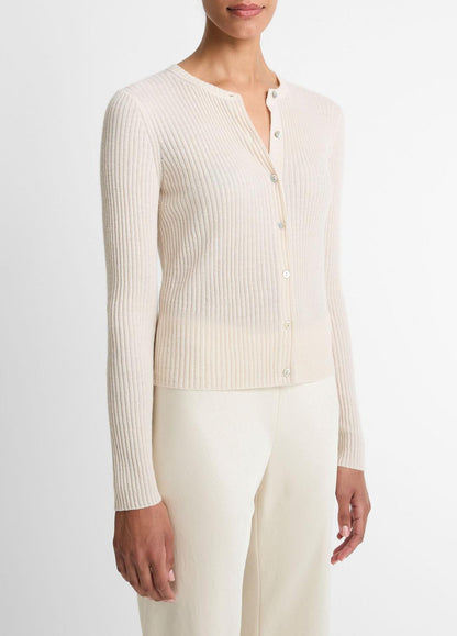 Ribbed Cashmere-Silk Cardigan in Cardigans - WHITE SAND | VINCE Women