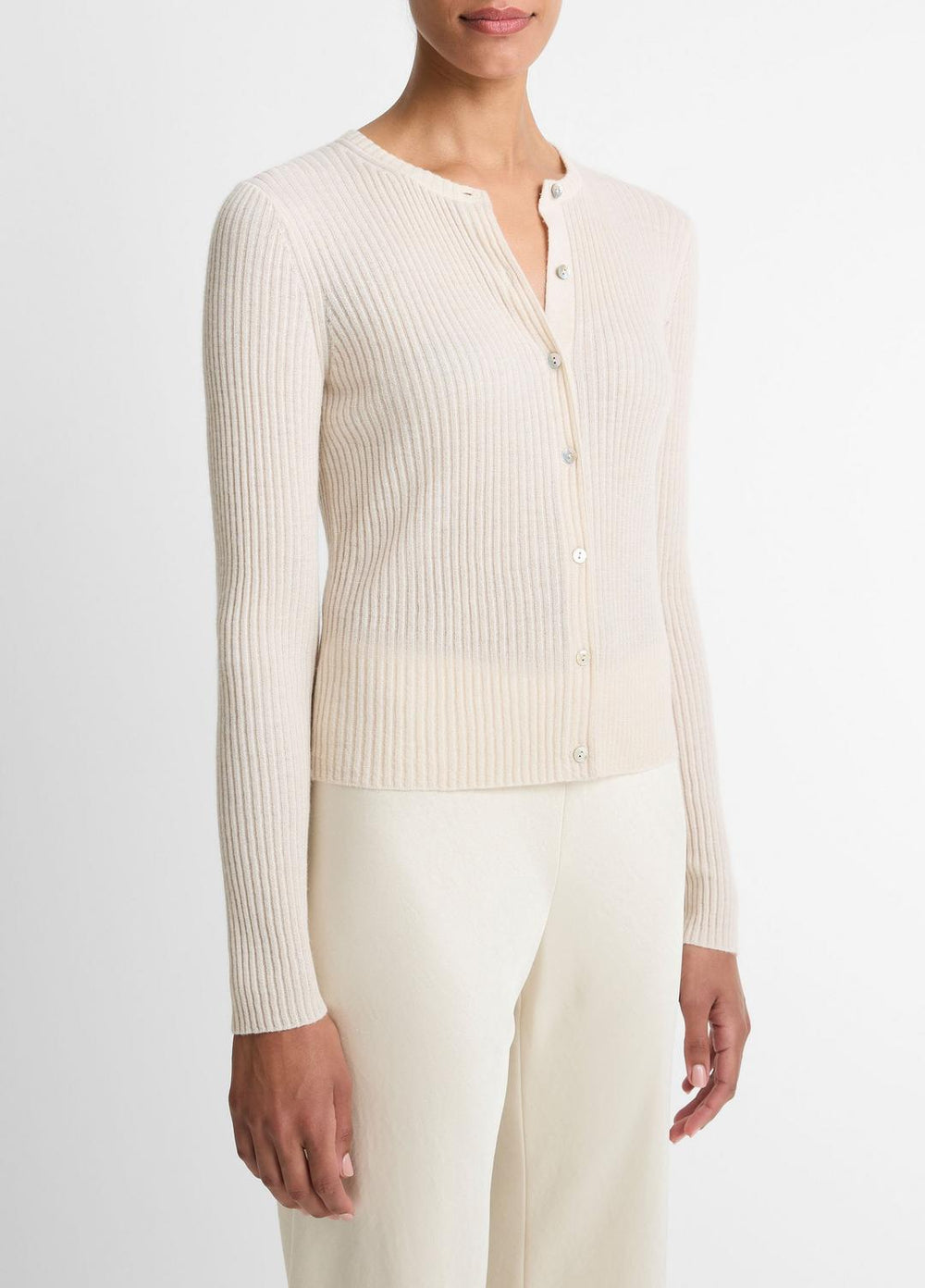 Ribbed Cashmere-Silk Cardigan in Cardigans - WHITE SAND | VINCE Women