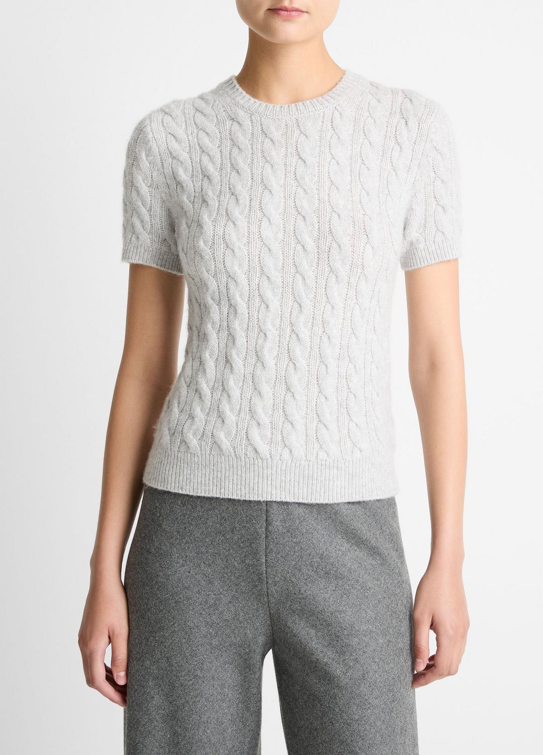 Cable-Knit Wool & Cashmere-Blend Short-Sleeve Sweater in Crew Neck - HEATHER PALE GREY | VINCE Women