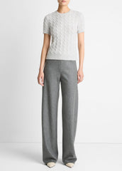 Cable-Knit Wool & Cashmere-Blend Short-Sleeve Sweater in Crew Neck - HEATHER PALE GREY | VINCE Women
