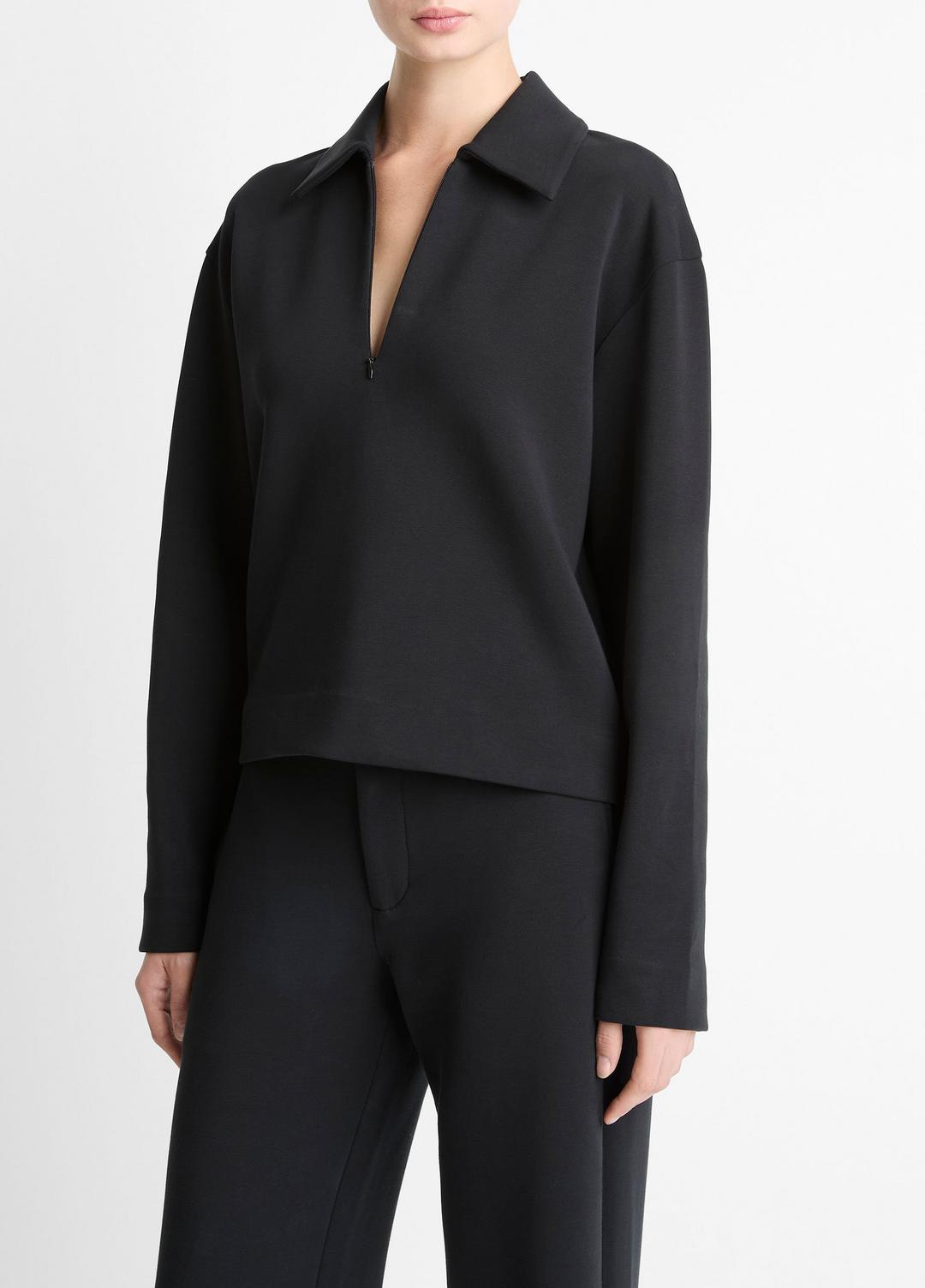 Cotton-Blend Half-Zip Pullover in Long Sleeve - BLACK | VINCE Women