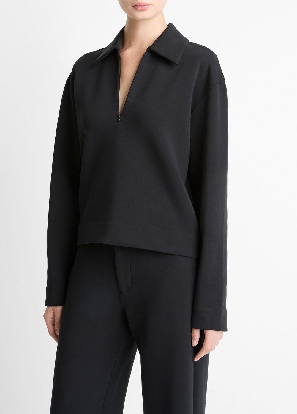 Cotton-Blend Half-Zip Pullover in Long Sleeve - BLACK | VINCE Women