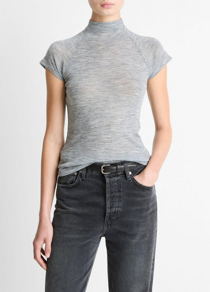 Wool Raglan Cap-Sleeve Mock-Neck Top in Short Sleeve - HEATHER THISTLE | VINCE Women